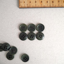 Load image into Gallery viewer, 4-hole buttons with wood-grain effect. Six 15mm buttons lay in two rows.

