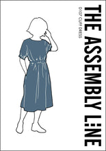 Load image into Gallery viewer, Front of the sewing pattern package, showing silhouette of a lady wearing the elasticated cuff dress: the dress highlighted in blue.
