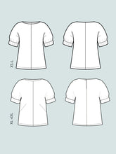 Load image into Gallery viewer, Line drawing of Cuff Top in sizes XS to L, and XL to 4XL.
