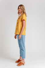 Load image into Gallery viewer, Side view of Darling Ranges hip-length, V-neck, short sleeve Blouse
