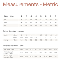 Load image into Gallery viewer, Metric measures chart for Juno Jacket Sizes 1-8
