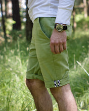 Load image into Gallery viewer, Side view of man wearing Jedediah Pants showing slash front pockets and rolled up hems.

