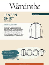 Load image into Gallery viewer, Packaging of Jensen Shirt Sewing Pattern shows line drawings of shirt.
