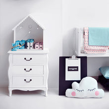 Load image into Gallery viewer, Small cubed packages wrapped in Lightening Lily Crystal Blue Cotton Fabric. Displayed in a cabinet next to jars of white buttons, and pink boxes. Set in a baby&#39;s room,

