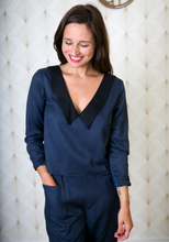 Load image into Gallery viewer, Lady laughs wearing Faye Jumpsuit. Top shows flat collar in contrasting colour
