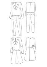 Load image into Gallery viewer, Line Drawings of Faye Jumpsuit and Dress variations front and back
