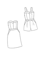 Load image into Gallery viewer, Line drawings of Kika Jumpsuit with shoulder straps, and Kika Strapless Dress
