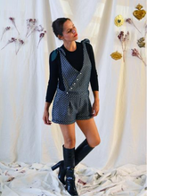 Load image into Gallery viewer, Lady wears Sailor Dungarees with shorts. Front diagonal bodice with buttons, knot ties at shoulders
