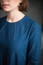 Load image into Gallery viewer, Close up detail of contrasting top-stitching at neckline and bust darts 
