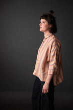 Load image into Gallery viewer, Side view of lady wearing Ellsworth top in stripe fabric
