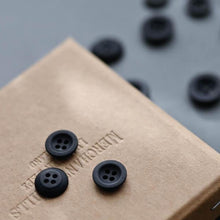 Load image into Gallery viewer, Dark navy coloured hard-resin-like buttons with four sewing holes.
