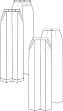Load image into Gallery viewer, Line drawings of two variations of the Madrid trousers.
