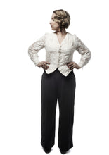 Load image into Gallery viewer, Front view of lady in plain black Madrid wide-leg trousers.
