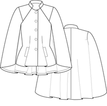 Load image into Gallery viewer, Line drawings of front and back views of Barcelona cape jacket.
