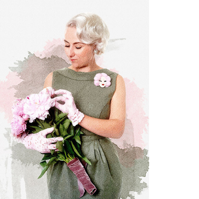 Illustration effect of lady holding a bunch of flowers, wearing a sleeveless dress with wide neckline, and tulip skirt.
