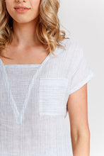 Load image into Gallery viewer, Close up view of V-neck insert and breast patch pocket
