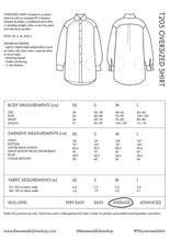 Load image into Gallery viewer, Back of the packaging of Oversized shirt pattern, showing table measures.
