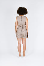 Load image into Gallery viewer, Back view of lady wearing playsuit shows waist ties tied at centre back
