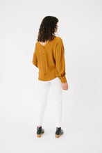 Load image into Gallery viewer, Back view of lady wearing Nexus Blouse backwards with V  neck and button stand opening at the back
