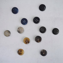Load image into Gallery viewer, Buttons with four holes, in six different colours displayed in a star formation, two of each colour, one front, one back
