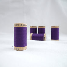 Load image into Gallery viewer, Five wooden reels of Scanfil Organic Cotton Thread in Purple
