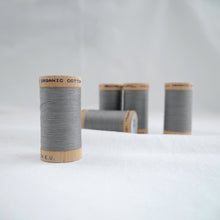 Load image into Gallery viewer, Five wooden reels of Scanfil Organic Cotton Thread in Steel Grey

