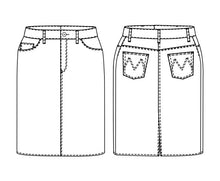 Load image into Gallery viewer, Line drawing of Clementine skirt, front and back.
