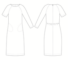Load image into Gallery viewer, Line drawing of the Gathered Dress, front and back.
