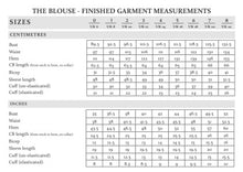 Load image into Gallery viewer, Finished Measurements chart for The Blouse.
