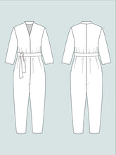 Load image into Gallery viewer, Line drawing of V-Neck Jumpsuit, front and back.
