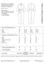 Load image into Gallery viewer, Packaging for V-Neck Jumpsuit, back shows measurements for body and garment.
