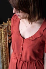 Load image into Gallery viewer, Close up of dress bodice made up using Dottie Terracotta Viscose fabric
