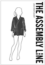 Load image into Gallery viewer, Wrap Jacket Sewing Pattern Packaging front, shows a silhouette line drawing of a lady wearing the Wrap jacket, which is highlighted in grey.
