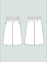Load image into Gallery viewer, Line drawing of front and back view of A-Line Midi Skirt with elasticated waistband
