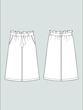 Load image into Gallery viewer, Line drawing of front and back view of A-Line Midi Skirt with paperbag waistband
