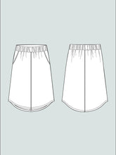 Load image into Gallery viewer, Line drawing of front and back view of A-Line Midi Skirt with elasticated waistband and dipped hem
