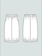 Load image into Gallery viewer, Line drawing of front and back view of A-Line Midi Skirt with elasticated waistband and elasticated hem
